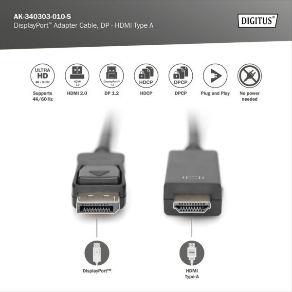 1 m DisplayPort Adapter Cable, DP - HDMI type A